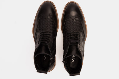 The Loddon Black Leather Wingtip Brogue Handwoven Lace-Up Men Boot with a Zipper