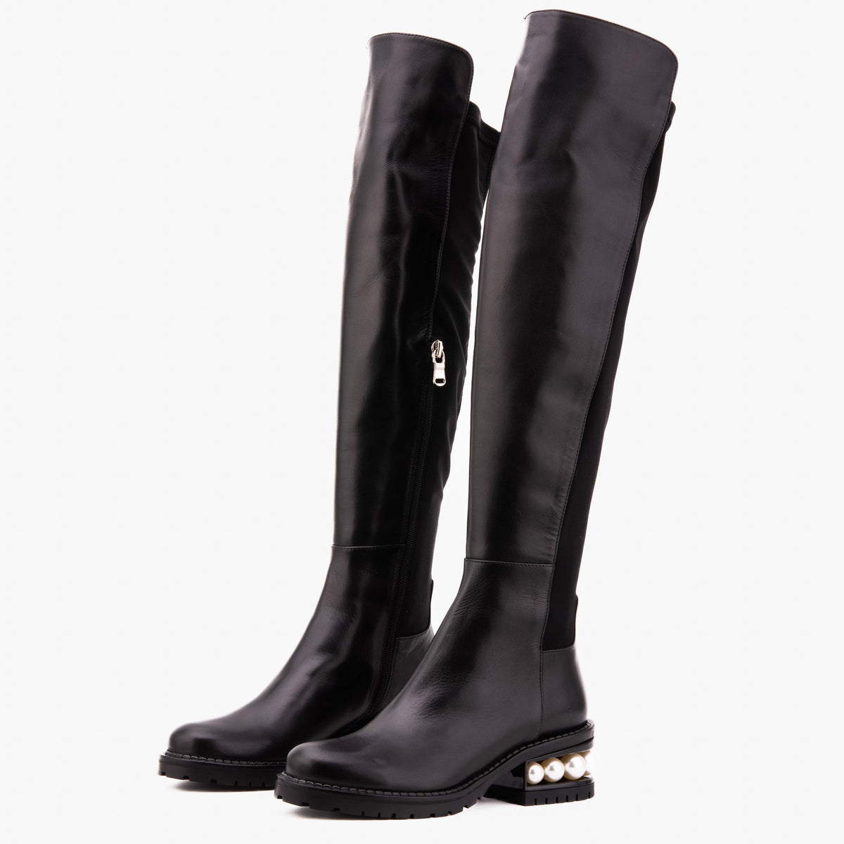 Vinci Leather The Valeria Pearl Heel Knee-High Women Black Leather Boot – product view 2