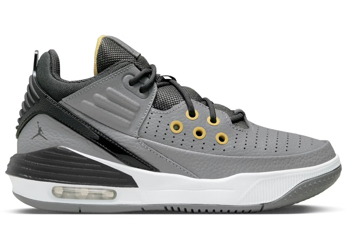 Air Jordan Max Aura 5 Big Kids' (GS) Sneakers — Cement Grey/Topaz Gold/White/Anthracite Leather Mid-Top